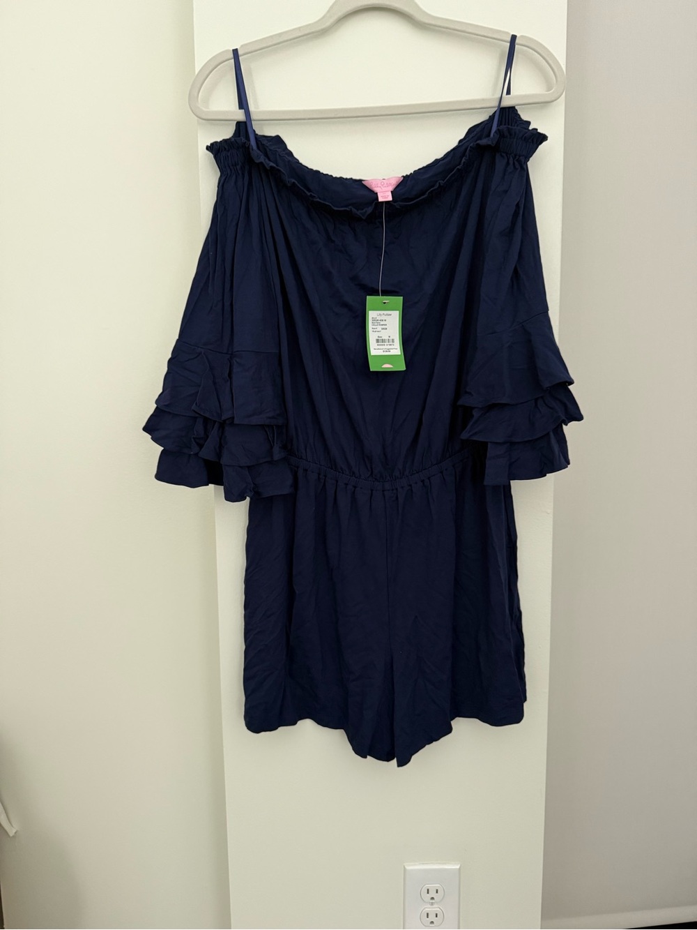 Lilly Pulitzer True Navy Off-Shoulder Calla Romper with Ruffle Neckline